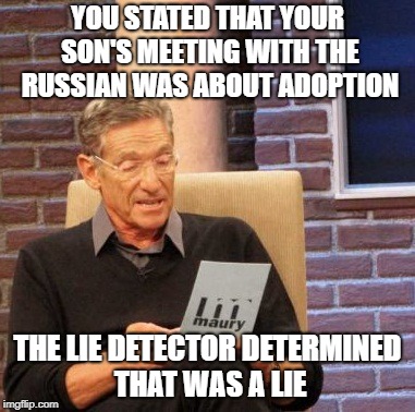 Maury Lie Detector | YOU STATED THAT YOUR SON'S MEETING WITH THE RUSSIAN WAS ABOUT ADOPTION; THE LIE DETECTOR DETERMINED THAT WAS A LIE | image tagged in memes,maury lie detector | made w/ Imgflip meme maker