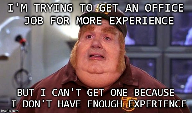 I'M TRYING TO GET AN OFFICE JOB FOR MORE EXPERIENCE; BUT I CAN'T GET ONE BECAUSE I DON'T HAVE ENOUGH EXPERIENCE | image tagged in fat bastard,austin powers,unemployed,scumbag job market,experience,office | made w/ Imgflip meme maker