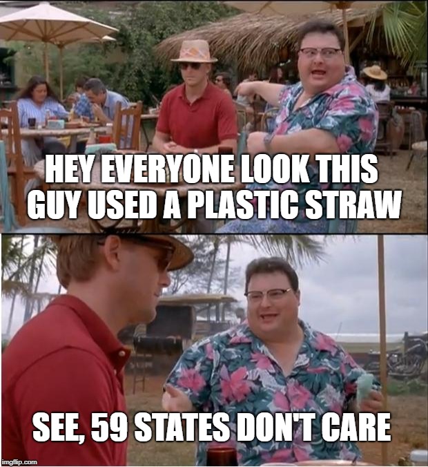 Apparently California cares | HEY EVERYONE LOOK THIS GUY USED A PLASTIC STRAW; SEE, 59 STATES DON'T CARE | image tagged in memes,see nobody cares,california,straws | made w/ Imgflip meme maker