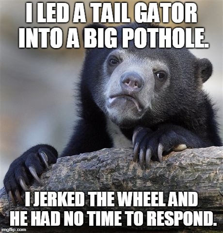 Confession Bear | I LED A TAIL GATOR INTO A BIG POTHOLE. I JERKED THE WHEEL AND HE HAD NO TIME TO RESPOND. | image tagged in memes,confession bear | made w/ Imgflip meme maker