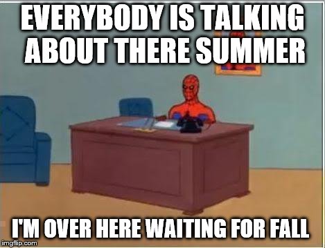 and the new pokemon switch game Eevee let's go ^_^ | EVERYBODY IS TALKING ABOUT THERE SUMMER; I'M OVER HERE WAITING FOR FALL | image tagged in memes,spiderman computer desk,spiderman | made w/ Imgflip meme maker