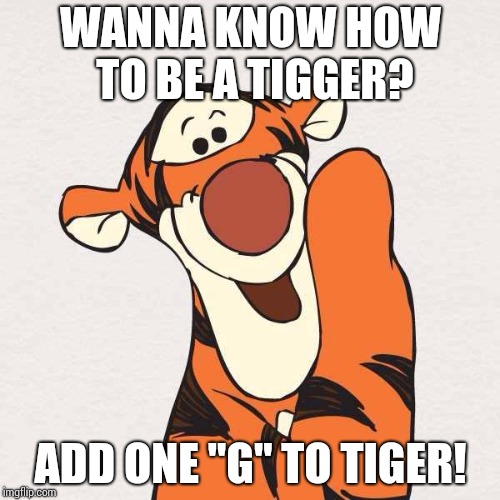 Only tigger fans know! | WANNA KNOW HOW TO BE A TIGGER? ADD ONE "G" TO TIGER! | image tagged in tigger,memes | made w/ Imgflip meme maker