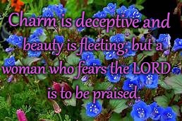 Proverbs 31:30 Charm is Deceptive but a Woman Who Fears the LORD is to be Praised | Charm is deceptive and; beauty is fleeting; but a; woman who fears the LORD; is to be praised. | image tagged in bible,holy bible,holy spirit,bible verse,verse,god | made w/ Imgflip meme maker