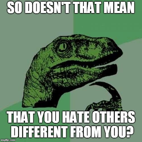Philosoraptor Meme | SO DOESN'T THAT MEAN THAT YOU HATE OTHERS DIFFERENT FROM YOU? | image tagged in memes,philosoraptor | made w/ Imgflip meme maker