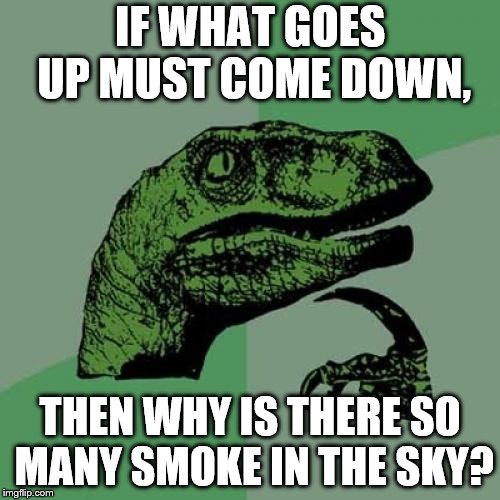 Philosoraptor | IF WHAT GOES UP MUST COME DOWN, THEN WHY IS THERE SO MANY SMOKE IN THE SKY? | image tagged in memes,philosoraptor | made w/ Imgflip meme maker