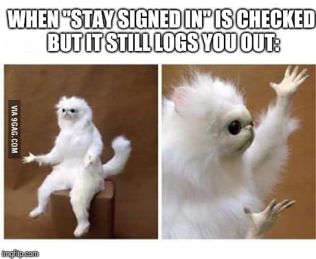 strange wtf cat | WHEN "STAY SIGNED IN" IS CHECKED BUT IT STILL LOGS YOU OUT: | image tagged in strange wtf cat | made w/ Imgflip meme maker