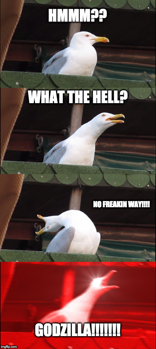 Inhaling Seagull Meme | HMMM?? WHAT THE HELL? NO FREAKIN WAY!!!! GODZILLA!!!!!!! | image tagged in memes,inhaling seagull | made w/ Imgflip meme maker