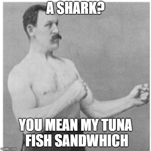 Overly Manly Man Meme | A SHARK? YOU MEAN MY TUNA FISH SANDWHICH | image tagged in memes,overly manly man | made w/ Imgflip meme maker