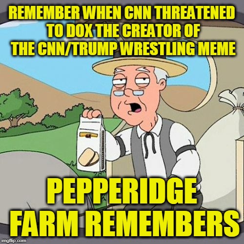 CNN Claims to Support Free-Speech |  REMEMBER WHEN CNN THREATENED TO DOX THE CREATOR OF THE CNN/TRUMP WRESTLING MEME; PEPPERIDGE FARM REMEMBERS | image tagged in memes,pepperidge farm remembers | made w/ Imgflip meme maker