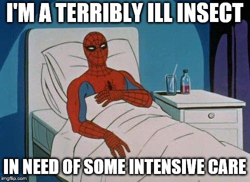 Spiderman Hospital Meme | I'M A TERRIBLY ILL INSECT IN NEED OF SOME INTENSIVE CARE | image tagged in memes,spiderman hospital,spiderman | made w/ Imgflip meme maker