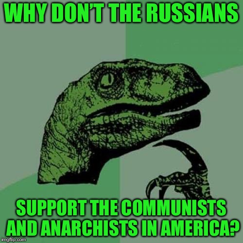Philosoraptor Meme | WHY DON’T THE RUSSIANS; SUPPORT THE COMMUNISTS AND ANARCHISTS IN AMERICA? | image tagged in memes,philosoraptor | made w/ Imgflip meme maker