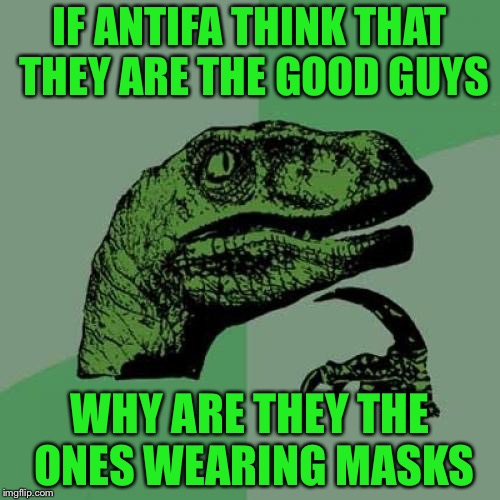 Philosoraptor | IF ANTIFA THINK THAT THEY ARE THE GOOD GUYS; WHY ARE THEY THE ONES WEARING MASKS | image tagged in memes,philosoraptor | made w/ Imgflip meme maker
