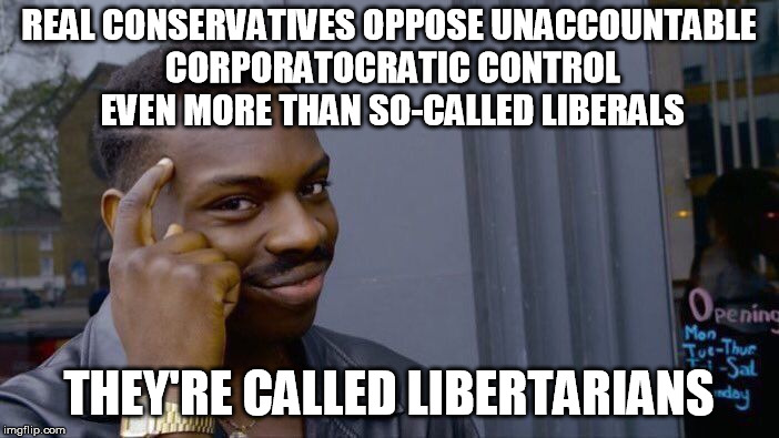Roll Safe Think About It Meme | REAL CONSERVATIVES OPPOSE UNACCOUNTABLE CORPORATOCRATIC CONTROL EVEN MORE THAN SO-CALLED LIBERALS THEY'RE CALLED LIBERTARIANS | image tagged in memes,roll safe think about it | made w/ Imgflip meme maker