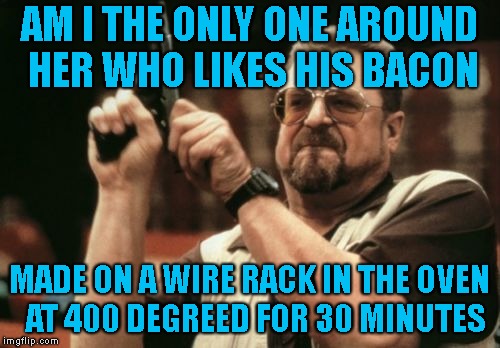 Am I The Only One Around Here Meme | AM I THE ONLY ONE AROUND HER WHO LIKES HIS BACON MADE ON A WIRE RACK IN THE OVEN  AT 400 DEGREED FOR 30 MINUTES | image tagged in memes,am i the only one around here | made w/ Imgflip meme maker