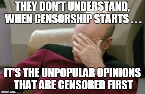 Captain Picard Facepalm Meme | THEY DON'T UNDERSTAND, WHEN CENSORSHIP STARTS . . . IT'S THE UNPOPULAR OPINIONS THAT ARE CENSORED FIRST | image tagged in memes,captain picard facepalm | made w/ Imgflip meme maker