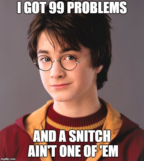 Harry Potter | I GOT 99 PROBLEMS; AND A SNITCH AIN'T ONE OF 'EM | image tagged in harry potter | made w/ Imgflip meme maker