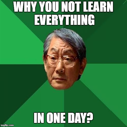 High Expectations Asian Father Meme | WHY YOU NOT LEARN EVERYTHING IN ONE DAY? | image tagged in memes,high expectations asian father | made w/ Imgflip meme maker