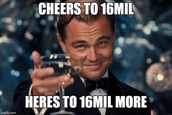 Raydog | CHEERS TO 16MIL; HERES TO 16MIL MORE | image tagged in memes,leonardo dicaprio cheers | made w/ Imgflip meme maker