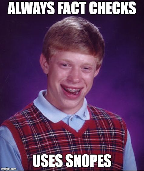 truth | ALWAYS FACT CHECKS; USES SNOPES | image tagged in memes,bad luck brian,snopes,fact check,truth | made w/ Imgflip meme maker