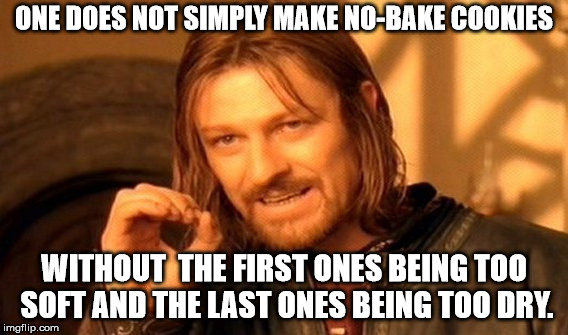 One Does Not Simply Meme | ONE DOES NOT SIMPLY MAKE NO-BAKE COOKIES WITHOUT  THE FIRST ONES BEING TOO SOFT AND THE LAST ONES BEING TOO DRY. | image tagged in memes,one does not simply | made w/ Imgflip meme maker