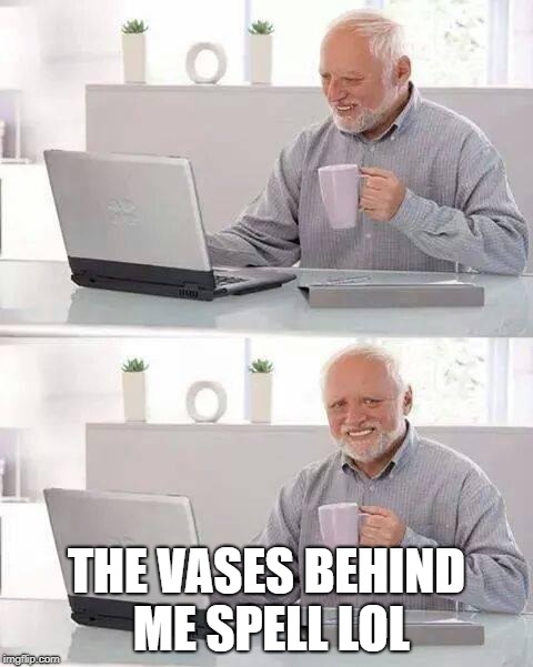Hide the Pain Harold Meme | THE VASES BEHIND ME SPELL LOL | image tagged in memes,hide the pain harold | made w/ Imgflip meme maker