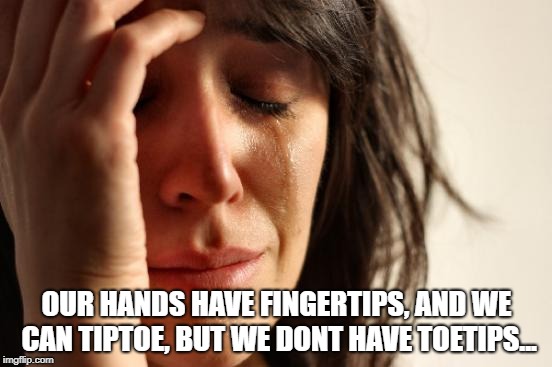 Fingers n Toes | OUR HANDS HAVE FINGERTIPS, AND WE CAN TIPTOE, BUT WE DONT HAVE TOETIPS... | image tagged in memes,first world problems,finger,fingers,funny memes,funny because it's true | made w/ Imgflip meme maker