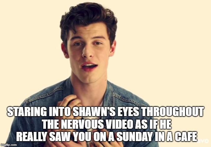 STARING INTO SHAWN'S EYES THROUGHOUT THE NERVOUS VIDEO AS IF HE REALLY SAW YOU ON A SUNDAY IN A CAFE | image tagged in celebrity | made w/ Imgflip meme maker