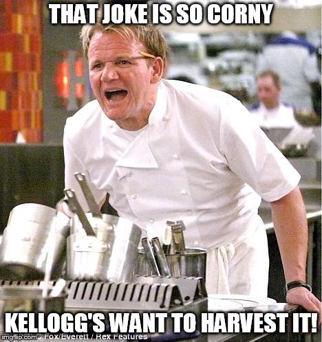 Chef Gordon Ramsay | THAT JOKE IS SO CORNY; KELLOGG'S WANT TO HARVEST IT! | image tagged in memes,chef gordon ramsay | made w/ Imgflip meme maker