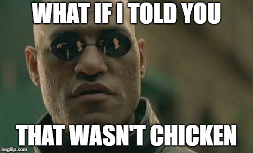 Matrix Morpheus Meme | WHAT IF I TOLD YOU; THAT WASN'T CHICKEN | image tagged in memes,matrix morpheus | made w/ Imgflip meme maker