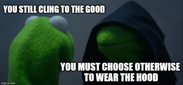 Evil Kermit Meme | YOU STILL CLING TO THE GOOD; YOU MUST CHOOSE OTHERWISE TO WEAR THE HOOD | image tagged in memes,evil kermit | made w/ Imgflip meme maker