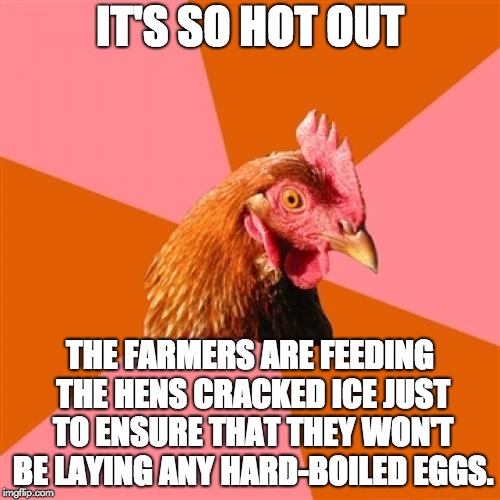 Anti Joke Chicken Meme | IT'S SO HOT OUT; THE FARMERS ARE FEEDING THE HENS CRACKED ICE JUST TO ENSURE THAT THEY WON'T BE LAYING ANY HARD-BOILED EGGS. | image tagged in memes,anti joke chicken | made w/ Imgflip meme maker