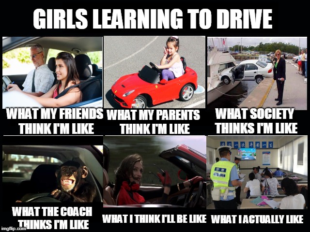 Girls learning to drive | GIRLS LEARNING TO DRIVE; WHAT MY PARENTS THINK I'M LIKE; WHAT MY FRIENDS THINK I'M LIKE; WHAT SOCIETY THINKS I'M LIKE; WHAT THE COACH THINKS I'M LIKE; WHAT I ACTUALLY LIKE; WHAT I THINK I'LL BE LIKE | image tagged in what my friends think i do,women drivers,drive school,stereotypes | made w/ Imgflip meme maker
