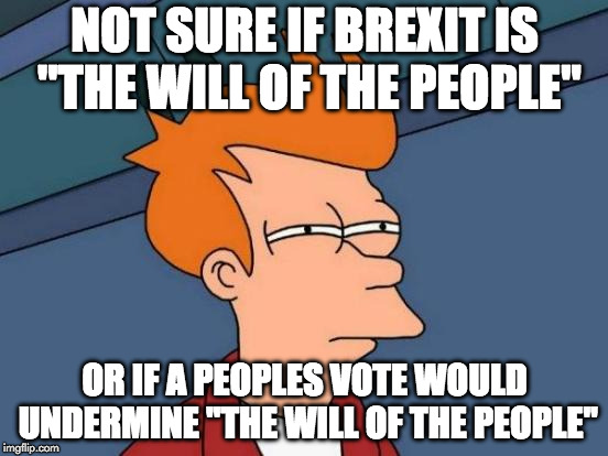 Futurama Fry Meme | NOT SURE IF BREXIT IS "THE WILL OF THE PEOPLE"; OR IF A PEOPLES VOTE WOULD UNDERMINE "THE WILL OF THE PEOPLE" | image tagged in memes,futurama fry | made w/ Imgflip meme maker