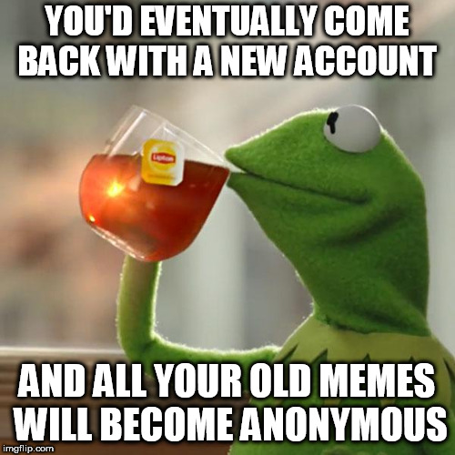 But That's None Of My Business Meme | YOU'D EVENTUALLY COME BACK WITH A NEW ACCOUNT AND ALL YOUR OLD MEMES WILL BECOME ANONYMOUS | image tagged in memes,but thats none of my business,kermit the frog | made w/ Imgflip meme maker