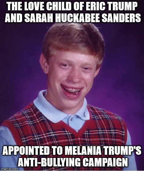 The Love child of Sarah Huckster and Eric Drumpfster | THE LOVE CHILD OF ERIC TRUMP AND SARAH HUCKABEE SANDERS APPOINTED TO MELANIA TRUMP'S ANTI-BULLYING CAMPAIGN | image tagged in memes,bad luck brian,sarah huckabee sanders,eric trump,melania trump,anti-bullying | made w/ Imgflip meme maker
