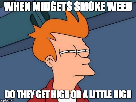 Futurama Fry Meme | WHEN MIDGETS SMOKE WEED; DO THEY GET HIGH OR A LITTLE HIGH | image tagged in memes,futurama fry | made w/ Imgflip meme maker