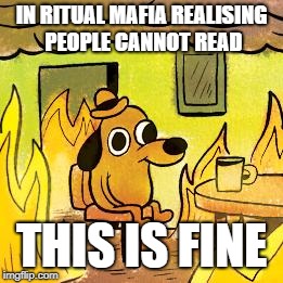 Dog in burning house | IN RITUAL MAFIA REALISING PEOPLE CANNOT READ; THIS IS FINE | image tagged in dog in burning house | made w/ Imgflip meme maker