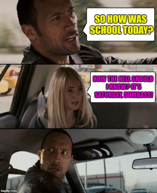 Know Your Days, Rock | SO HOW WAS SCHOOL TODAY? HOW THE HELL SHOULD I KNOW? IT'S SATURDAY, DUMBASS! | image tagged in memes,the rock driving,school | made w/ Imgflip meme maker
