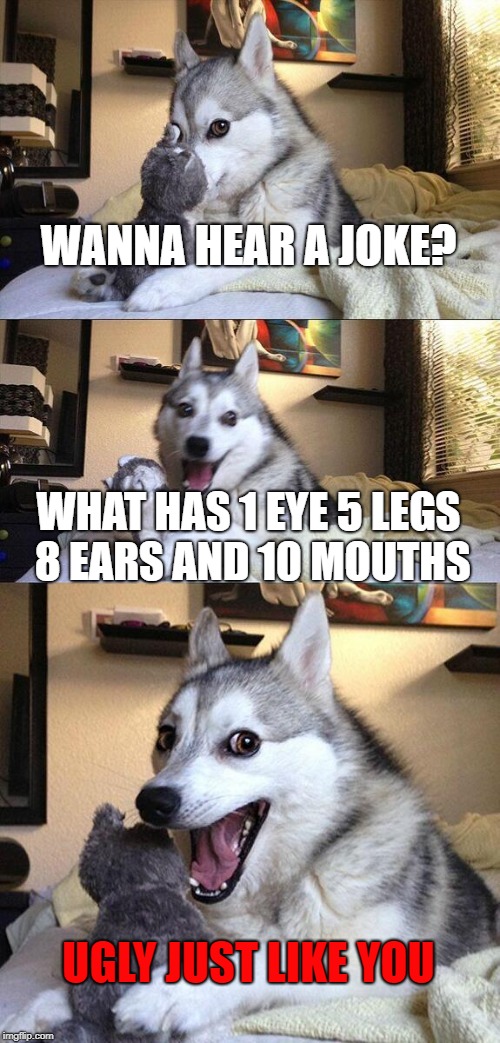 Bad Pun Dog Meme | WANNA HEAR A JOKE? WHAT HAS 1 EYE 5 LEGS 8 EARS AND 10 MOUTHS; UGLY JUST LIKE YOU | image tagged in memes,bad pun dog | made w/ Imgflip meme maker