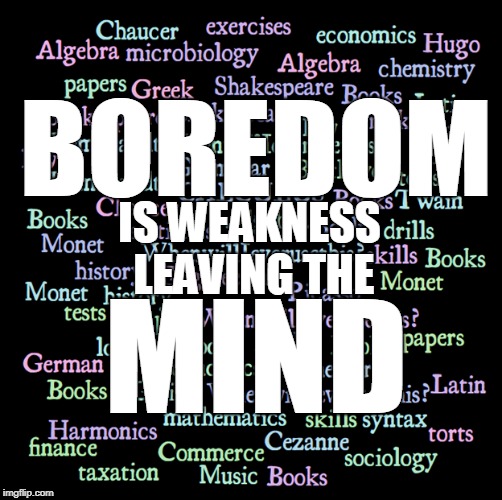 Boredom is Weakness Leaving the Mind | BOREDOM; IS WEAKNESS LEAVING THE; MIND | image tagged in education,books,study,boredom,pain is weakness,school | made w/ Imgflip meme maker