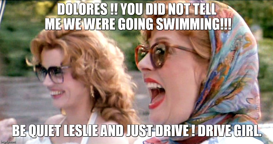 thelma and louise laughing | DOLORES !! YOU DID NOT TELL ME WE WERE GOING SWIMMING!!! BE QUIET LESLIE AND JUST DRIVE ! DRIVE GIRL. | image tagged in thelma and louise laughing | made w/ Imgflip meme maker