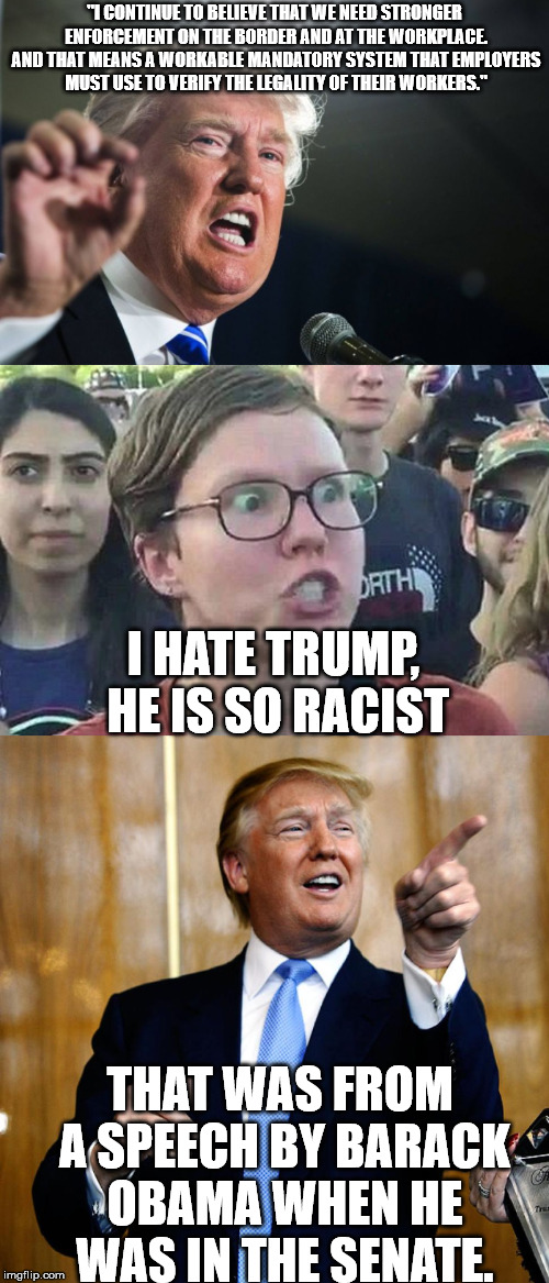Barack Obama -- Senate Floor Speech on Comprehensive Immigration Reform -- delivered 23 May 2007, Washington, D.C. | "I CONTINUE TO BELIEVE THAT WE NEED STRONGER ENFORCEMENT ON THE BORDER AND AT THE WORKPLACE. AND THAT MEANS A WORKABLE MANDATORY SYSTEM THAT EMPLOYERS MUST USE TO VERIFY THE LEGALITY OF THEIR WORKERS."; I HATE TRUMP, HE IS SO RACIST; THAT WAS FROM A SPEECH BY BARACK OBAMA WHEN HE WAS IN THE SENATE. | image tagged in memes,trump | made w/ Imgflip meme maker