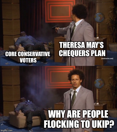 Who Killed Hannibal Meme | THERESA MAY’S CHEQUERS PLAN; CORE CONSERVATIVE VOTERS; WHY ARE PEOPLE FLOCKING TO UKIP? | image tagged in memes,who killed hannibal | made w/ Imgflip meme maker