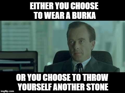 Mr. Reinhart's Choice | EITHER YOU CHOOSE TO WEAR A BURKA; OR YOU CHOOSE TO THROW YOURSELF ANOTHER STONE | image tagged in memes,the matrix,choose wisely,burka,isis extremists,islamic state | made w/ Imgflip meme maker