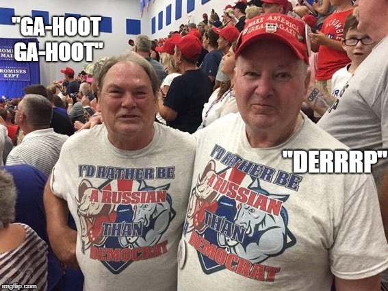 Trumplings | "GA-HOOT GA-HOOT"; "DERRRP" | image tagged in trump supporters,trump russia | made w/ Imgflip meme maker