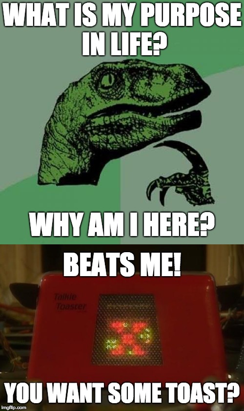 The Philosoraptor meets Talkie Toaster | WHAT IS MY PURPOSE IN LIFE? WHY AM I HERE? BEATS ME! YOU WANT SOME TOAST? | image tagged in philosoraptor,talkie toaster,red dwarf | made w/ Imgflip meme maker