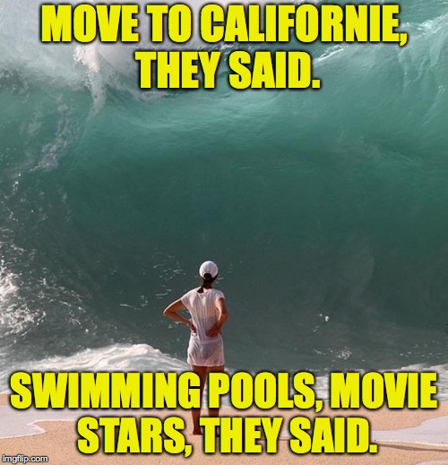 The tsunami risk is simply too great. | MOVE TO CALIFORNIE, THEY SAID. SWIMMING POOLS, MOVIE STARS, THEY SAID. | image tagged in memes,tsunami,beverly hillbillies | made w/ Imgflip meme maker