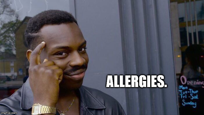 Roll Safe Think About It Meme | ALLERGIES. | image tagged in memes,roll safe think about it | made w/ Imgflip meme maker