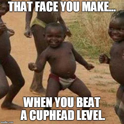 Third World Success Kid Meme | THAT FACE YOU MAKE... WHEN YOU BEAT A CUPHEAD LEVEL. | image tagged in memes,third world success kid | made w/ Imgflip meme maker