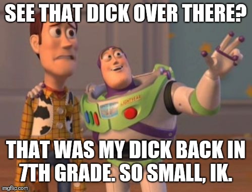 Buzz Lightdick | SEE THAT DICK OVER THERE? THAT WAS MY DICK BACK IN 7TH GRADE. SO SMALL, IK. | image tagged in memes,x x everywhere | made w/ Imgflip meme maker